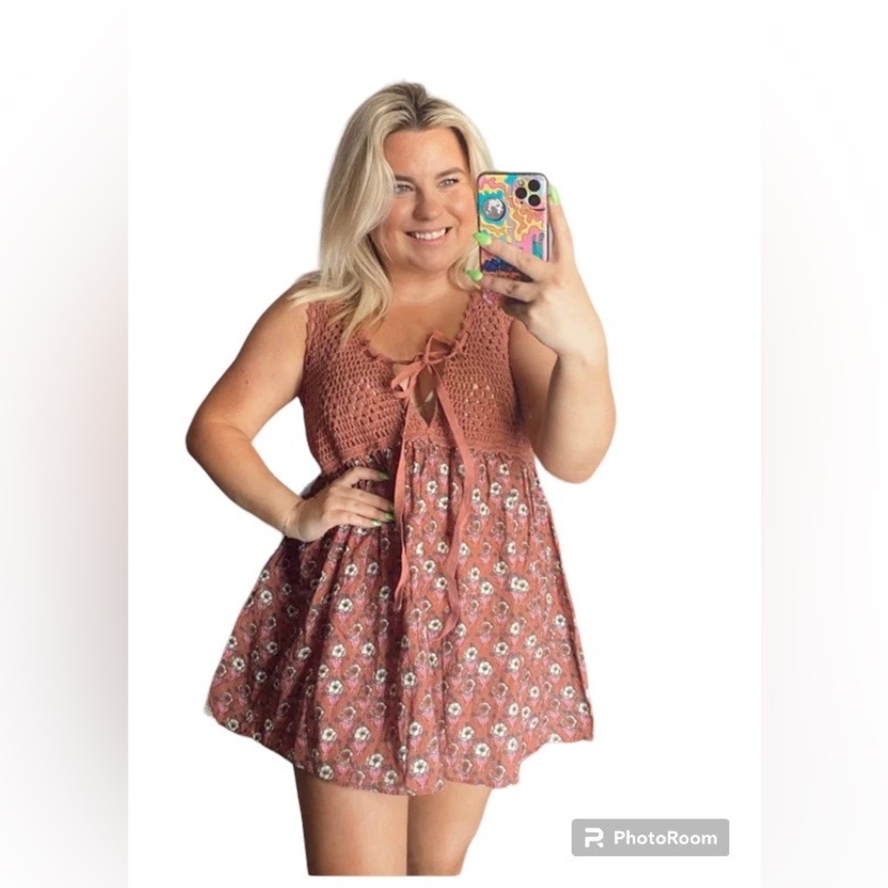 Free People Crochet Floral Mini Dress with Pockets